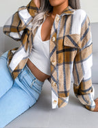 Women's Flannel Plaid Button Down Cropped Jacket