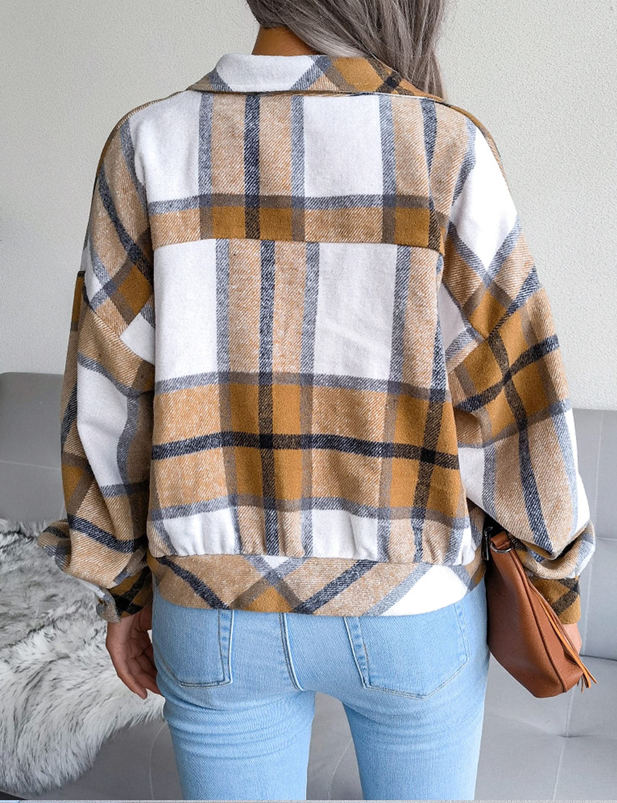 Women's Flannel Plaid Button Down Cropped Jacket