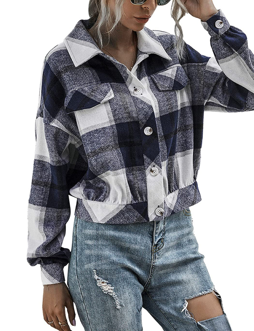 Women's Flannel Plaid Button Down Cropped Jacket