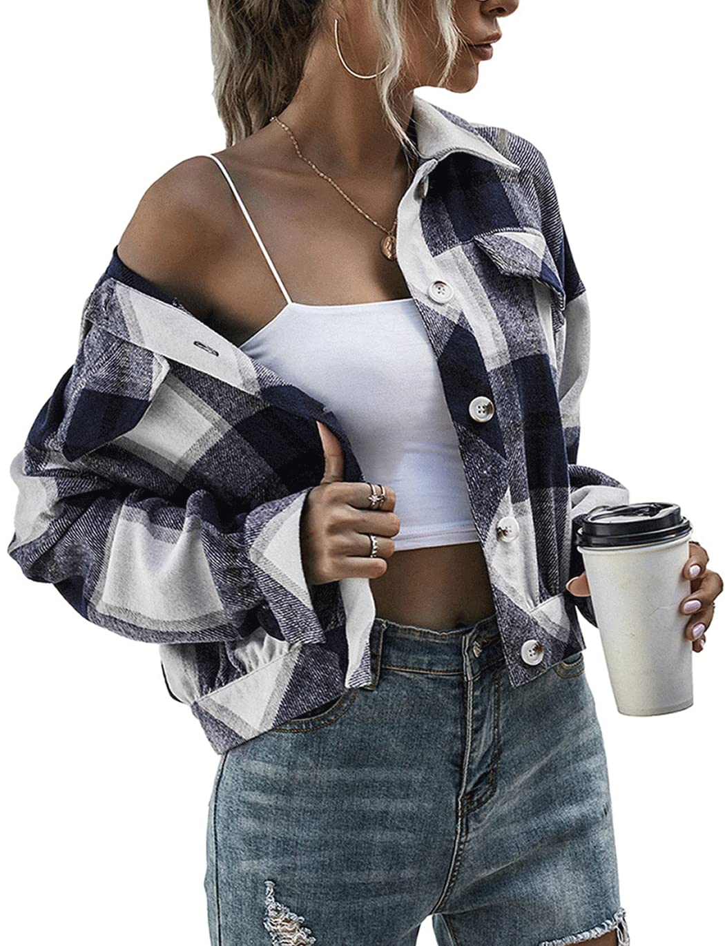 Women's Flannel Plaid Button Down Cropped Jacket