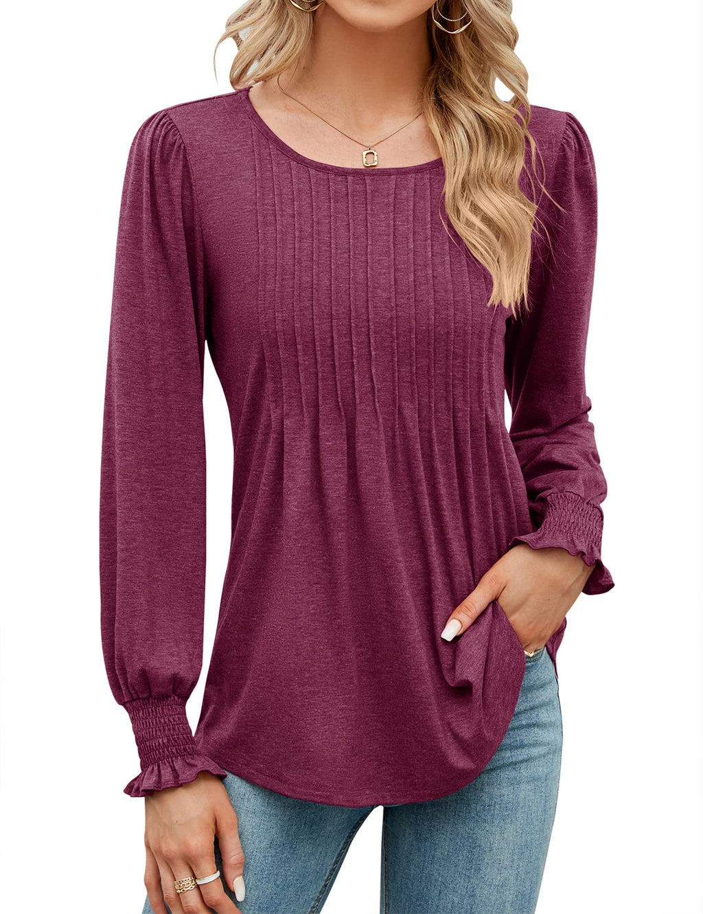 Women's Pleated Puff Long Sleeve Tunic Tops