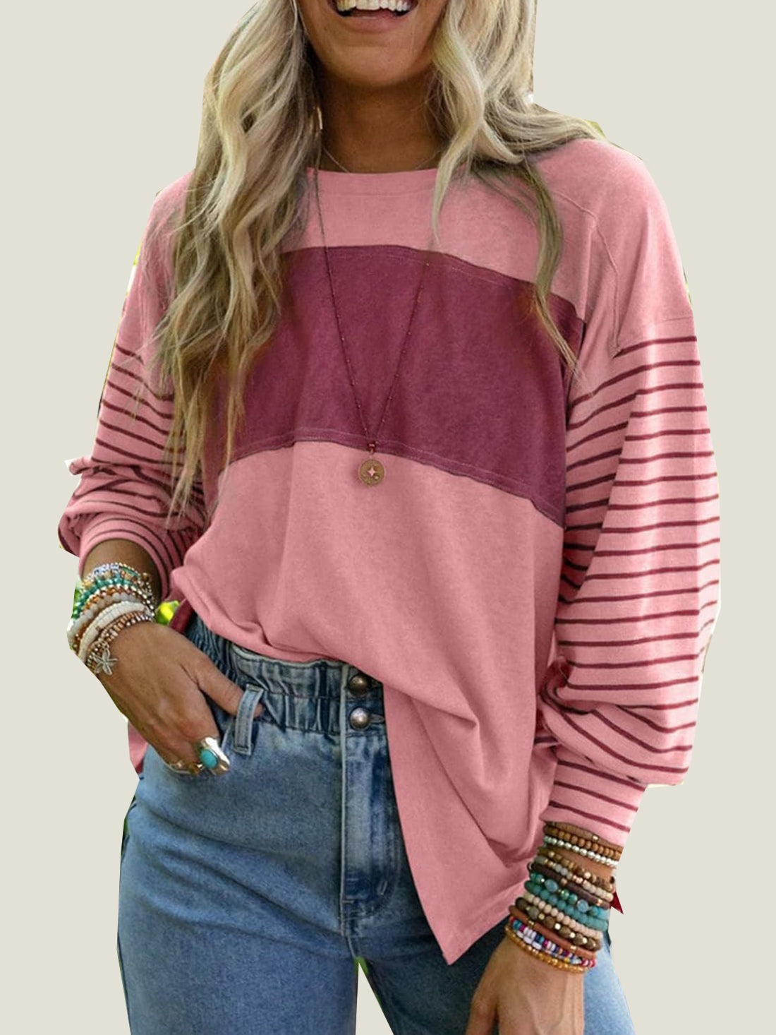 Women's Cute Color Block Long Sleeve Casual Top