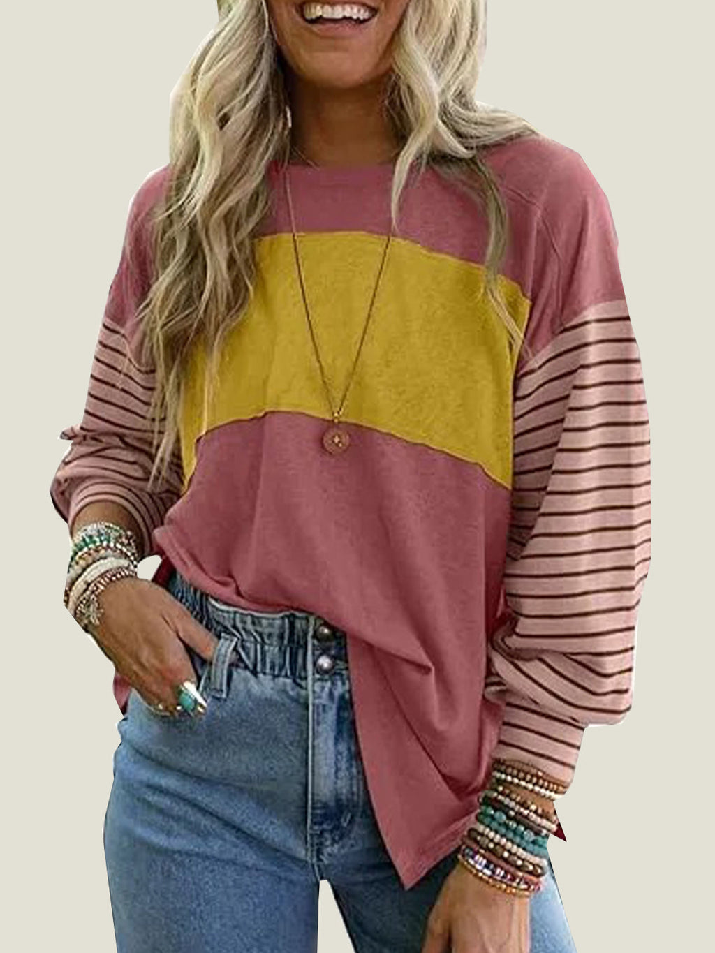 Women's Cute Color Block Long Sleeve Casual Top