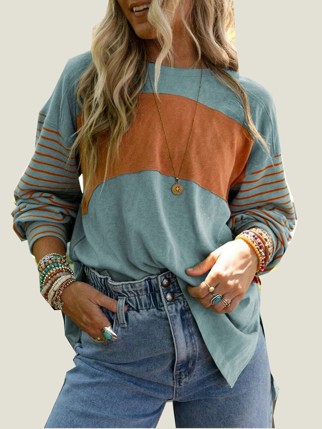 Women's Cute Color Block Long Sleeve Casual Top