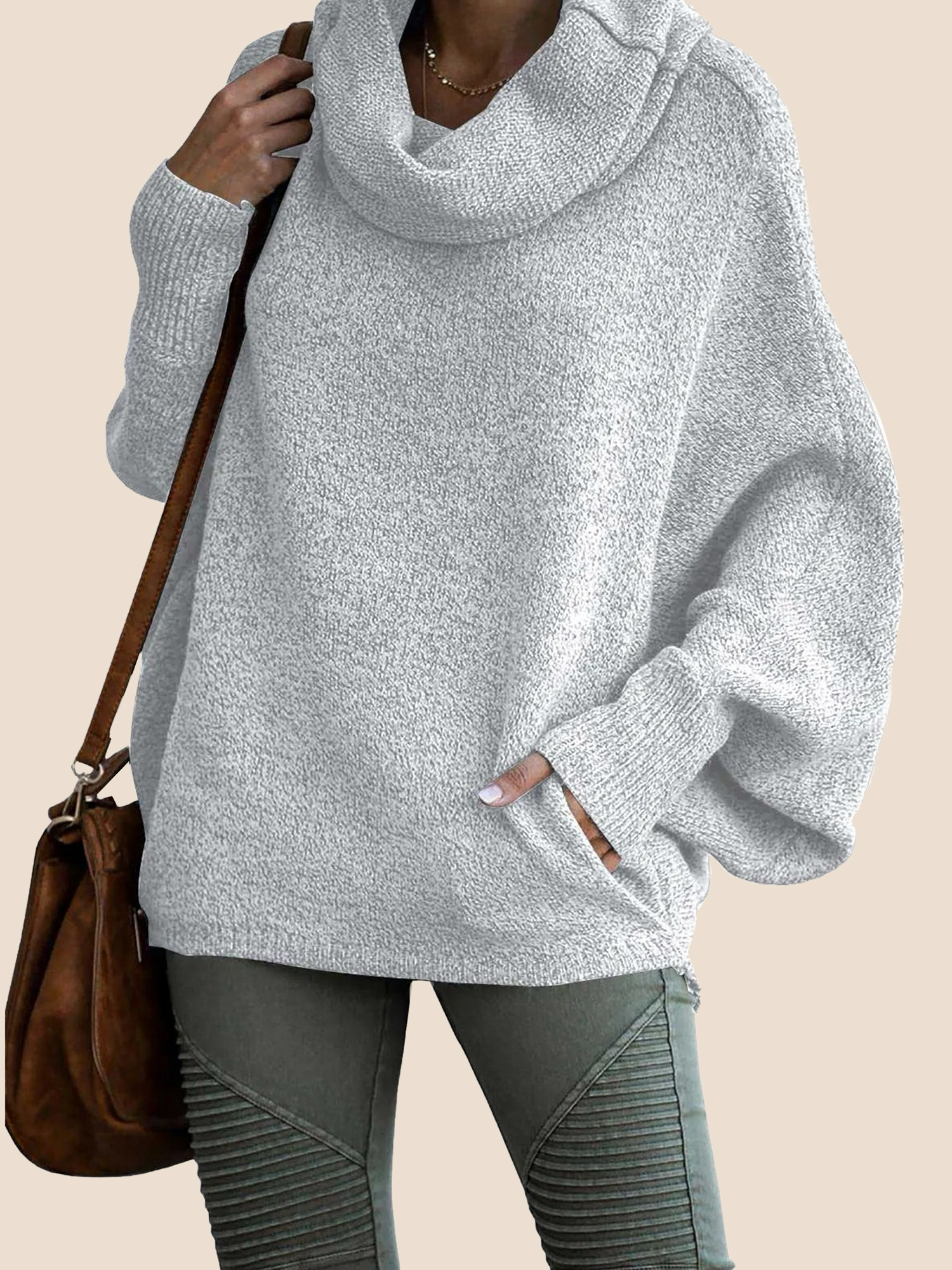 Women's Cowl Neck Pullover Sweaters with Pockets