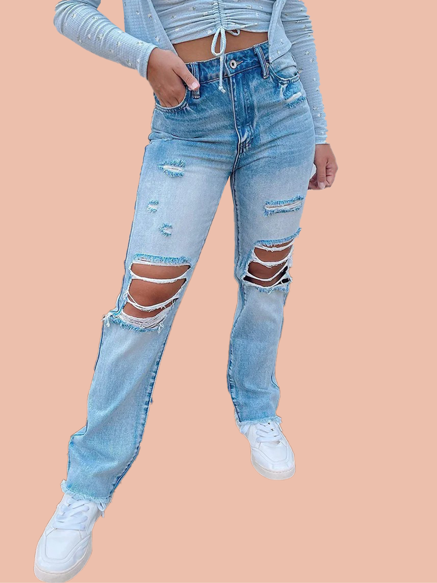 High Waist Frayed Hem Ripped Jeans