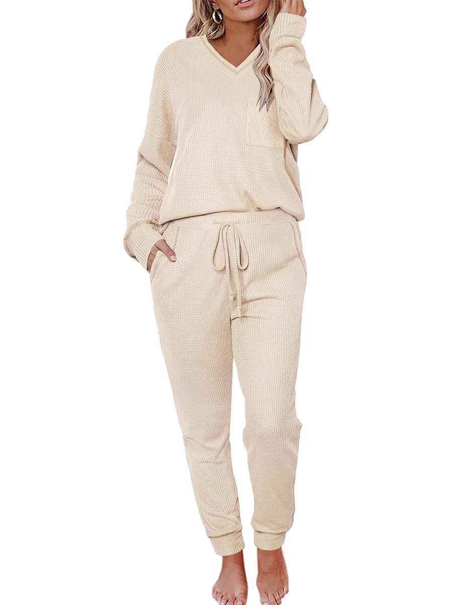 Women's V Neck Waffle Knit Two Piece Lounge Sets