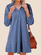 Women's V-Neck Puff Sleeve Denim Layered Dress