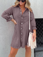 Button Denim Bubble Sleeve Dress