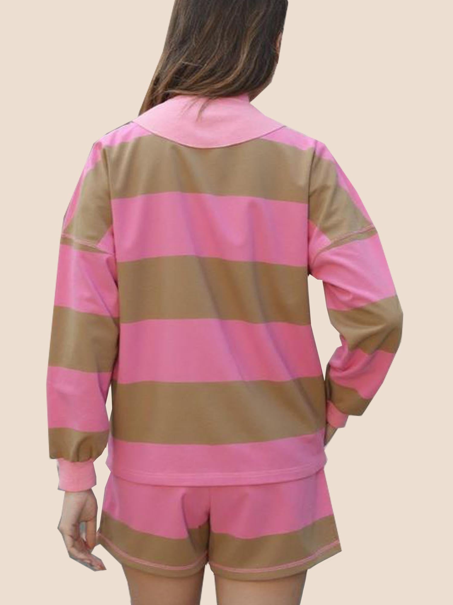 Women's 2 Piece Striped Long Sleeve Quarter Zip Lounge Set