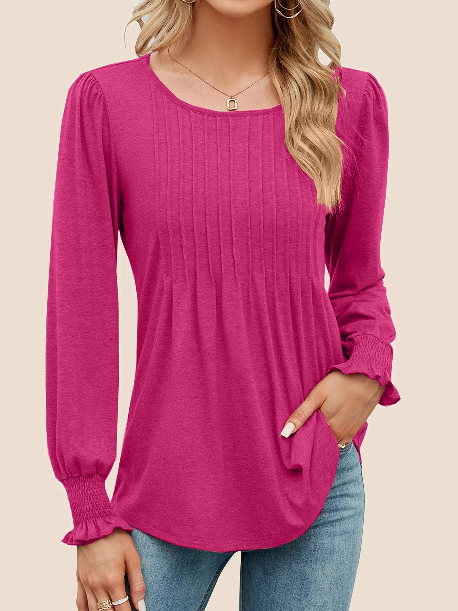 Women's Pleated Puff Long Sleeve Tunic Tops
