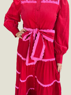 Women's Button Down Scalloped Tiered Corduroy Dress