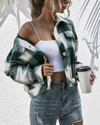 Women's Flannel Plaid Button Down Cropped Jacket