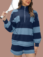 Women's 2 Piece Striped Long Sleeve Quarter Zip Lounge Set