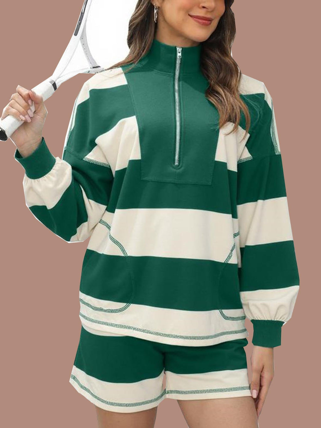Women's 2 Piece Striped Long Sleeve Quarter Zip Lounge Set