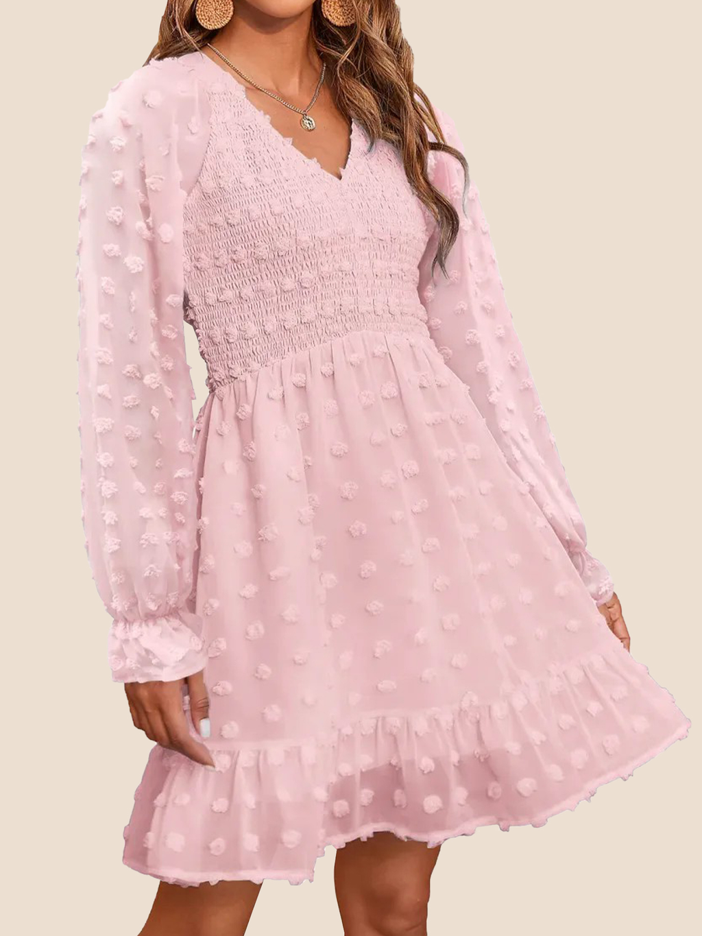 Women's Spring V Neck Swiss Dot Chiffon Mini Dress