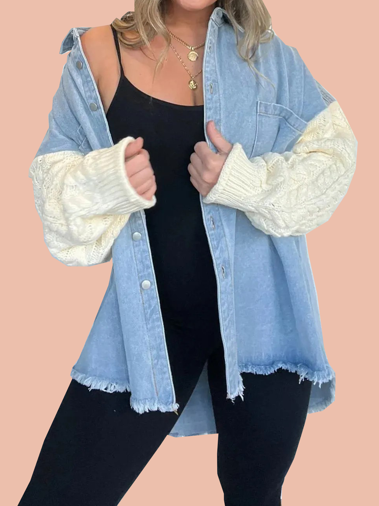 Cozy Sweater Sleeve Denim Shacket