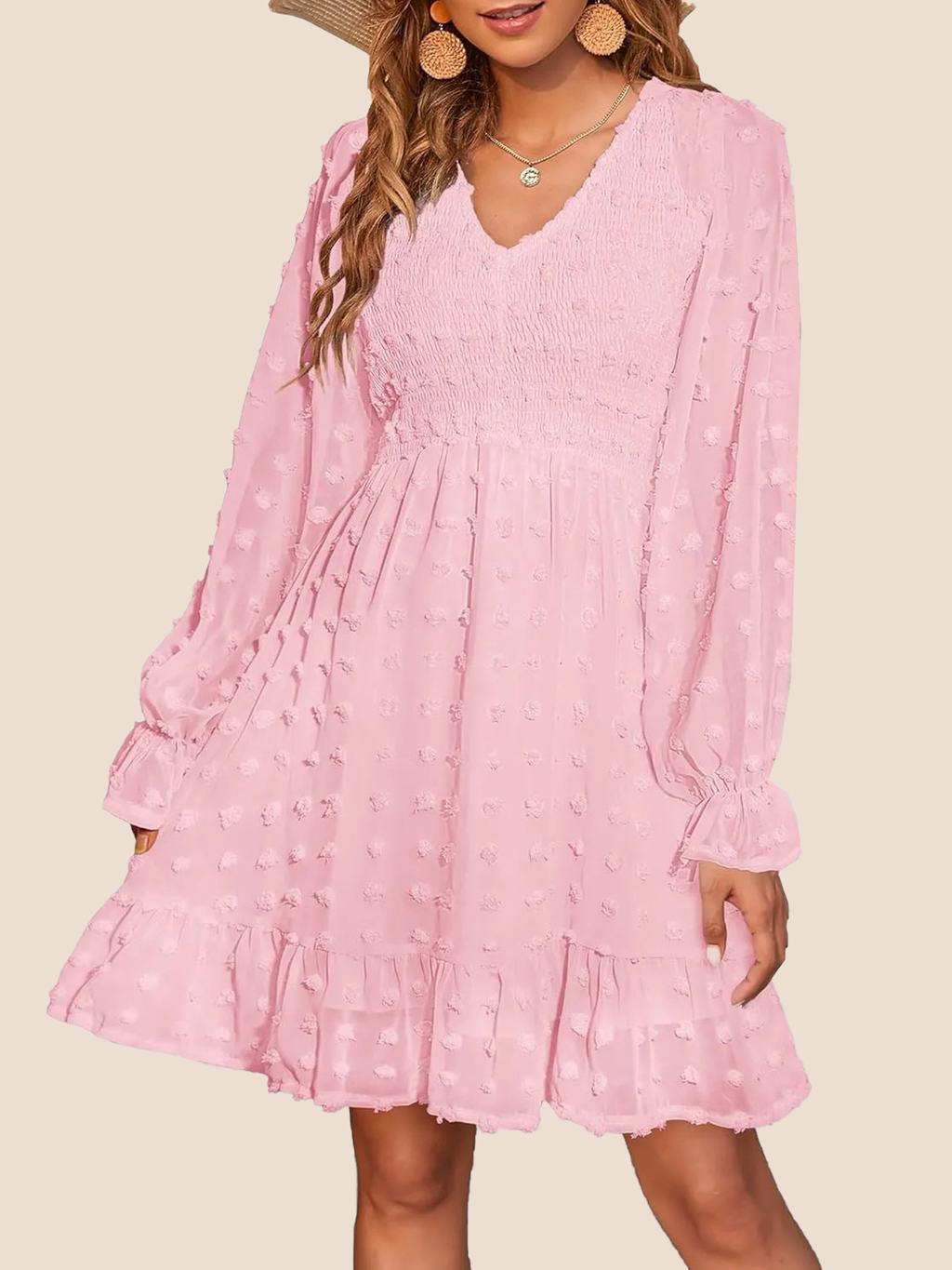 Women's Spring V Neck Swiss Dot Chiffon Mini Dress