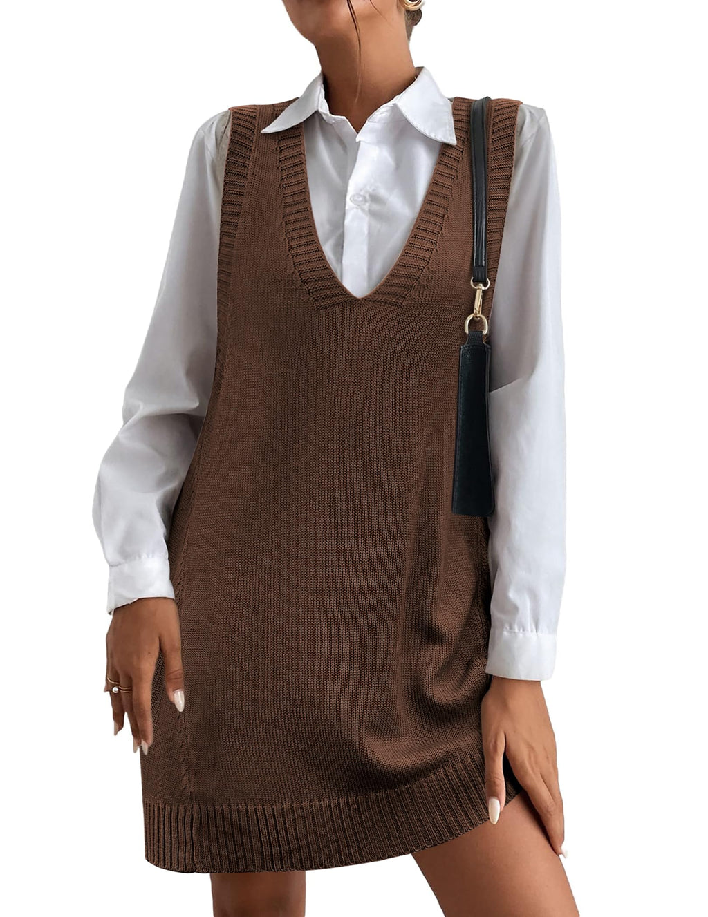 Women's V-Neck Sweater Vest Dress with Pockets
