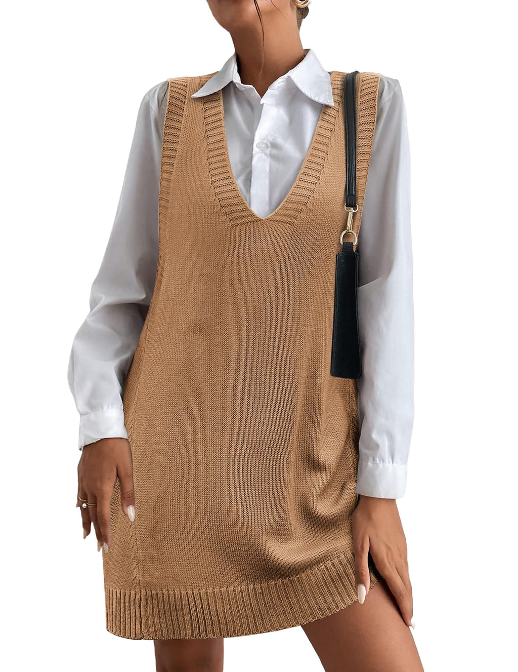 Women's V-Neck Sweater Vest Dress with Pockets