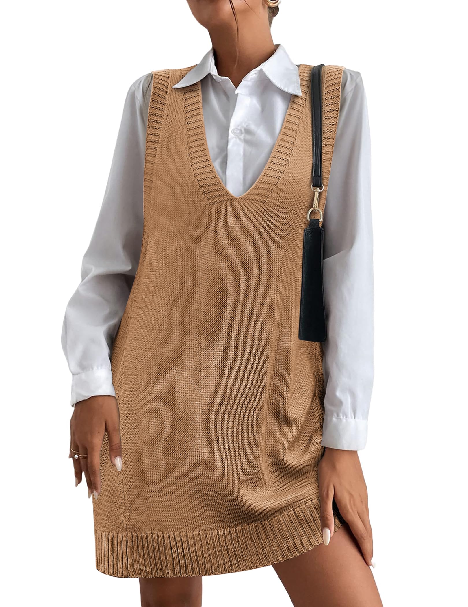 Women's V-Neck Sweater Vest Dress with Pockets
