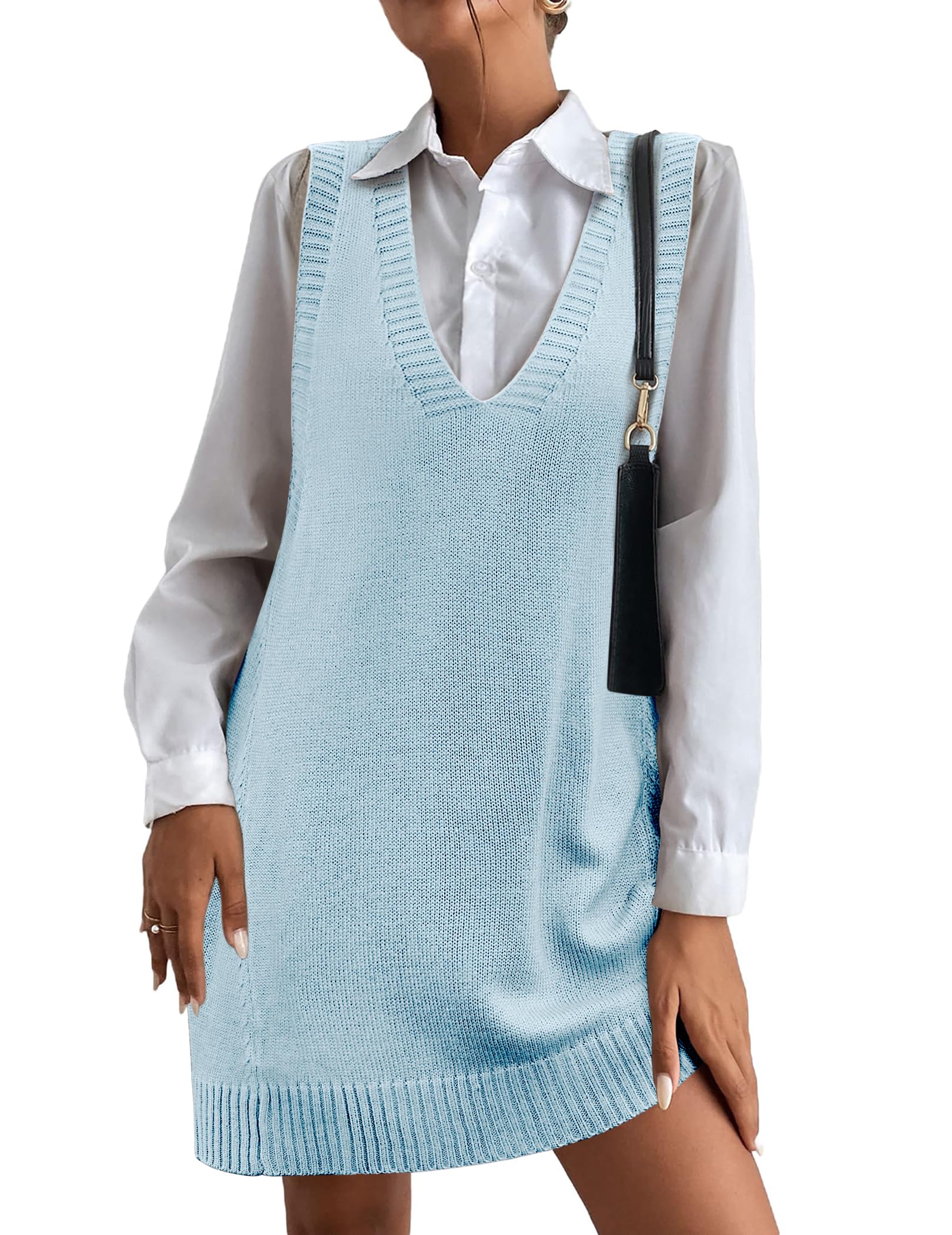 Women's V-Neck Sweater Vest Dress with Pockets