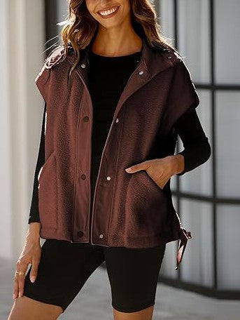 Women's Button Paneled Teddy Fleece Vest Jacket