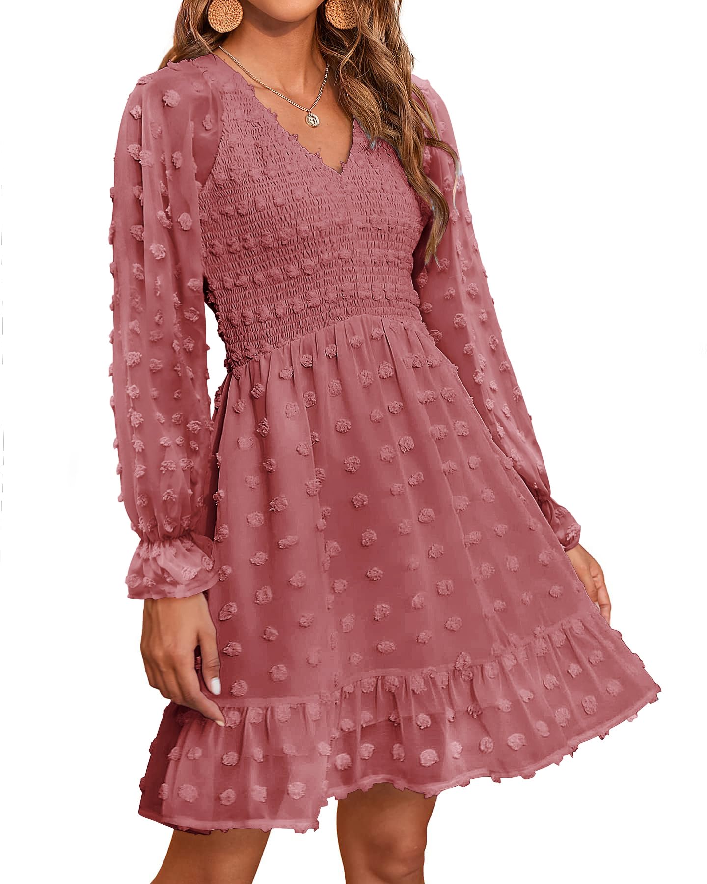 Women's Spring V Neck Swiss Dot Chiffon Mini Dress