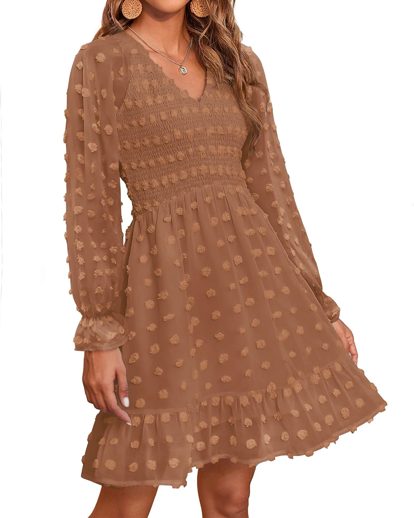 Women's Spring V Neck Swiss Dot Chiffon Mini Dress