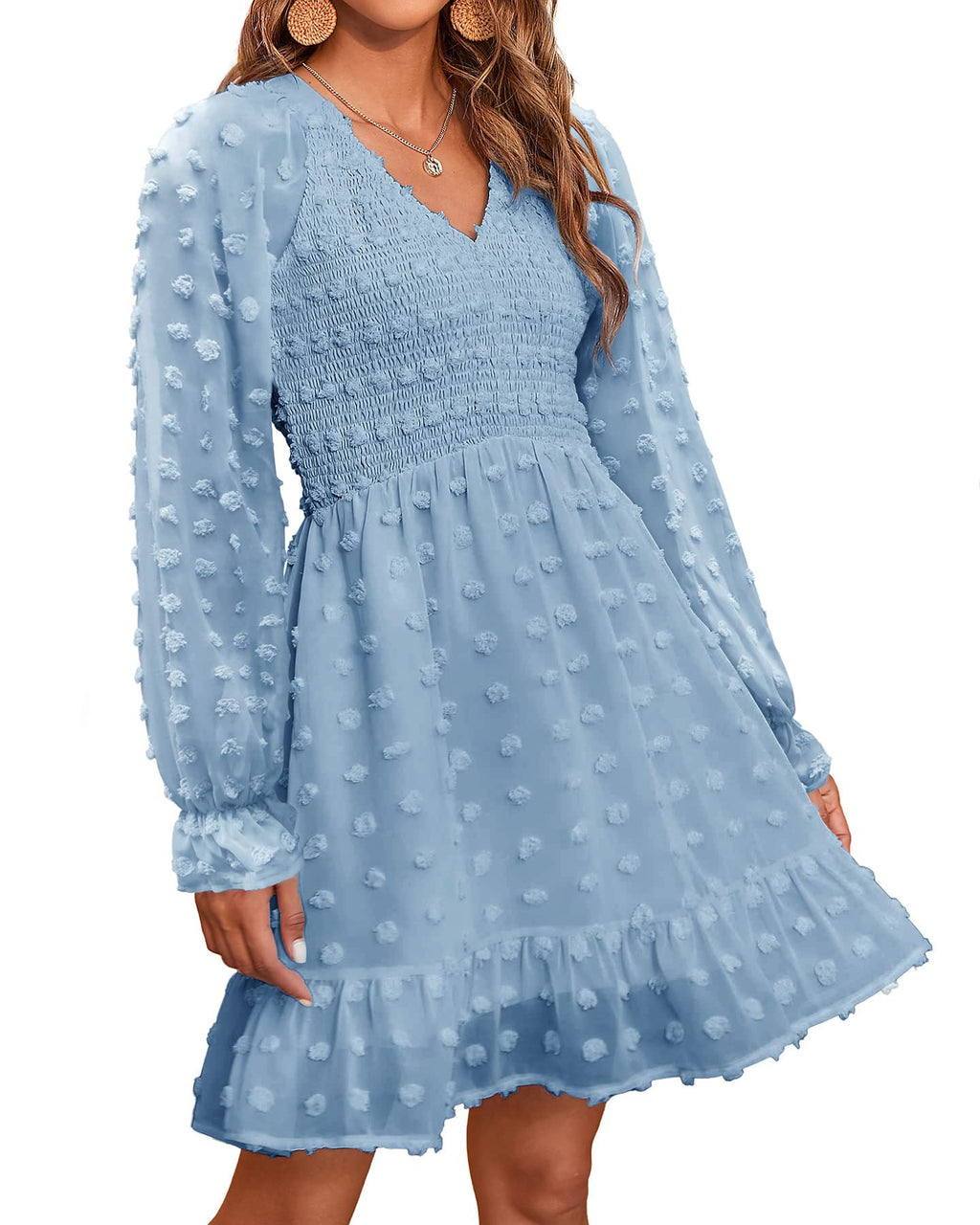 Women's Spring V Neck Swiss Dot Chiffon Mini Dress