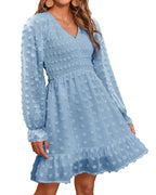 Women's Spring V Neck Swiss Dot Chiffon Mini Dress