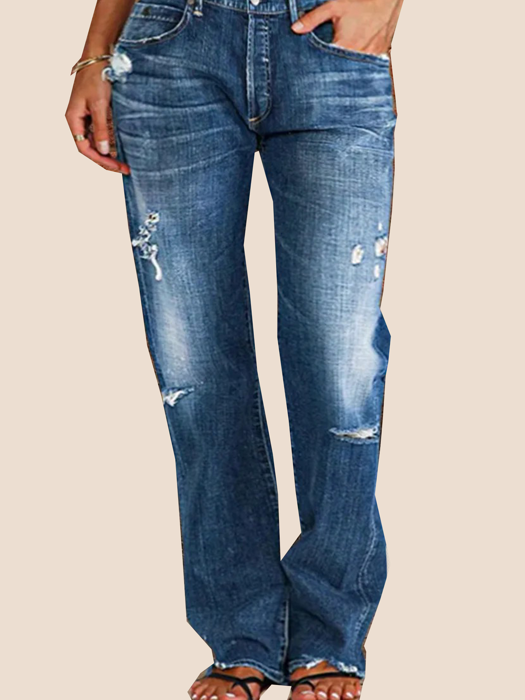 Ripped Low Waist Straight Leg Jeans