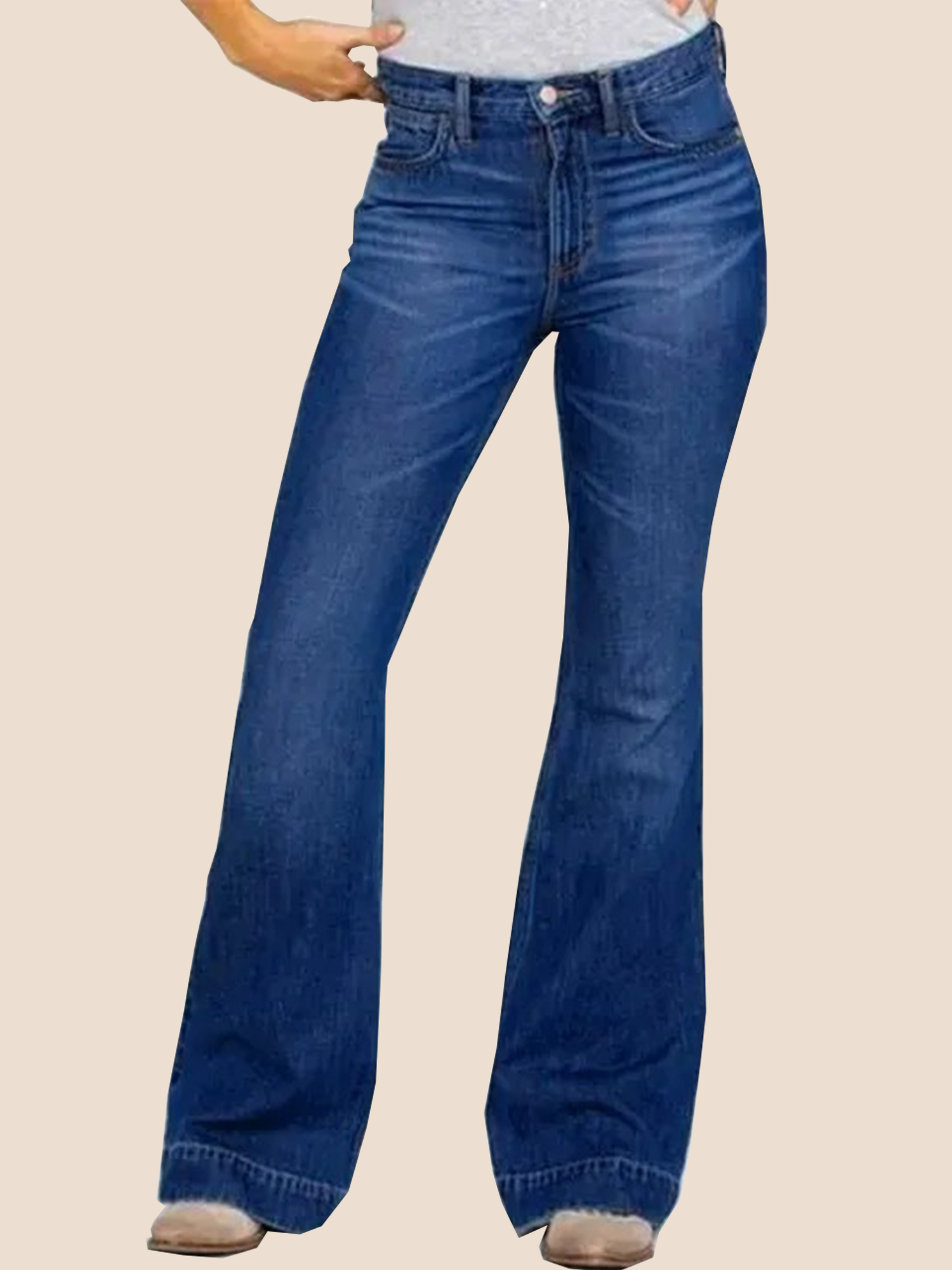Ladies Flared High Waist Denim Button Stretch Trousers