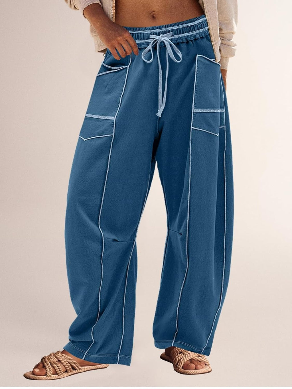 Women's High Waisted Drawstring Wide Leg Baggy Barrel Pants