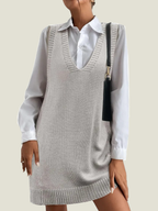 Women's V-Neck Sweater Vest Dress with Pockets