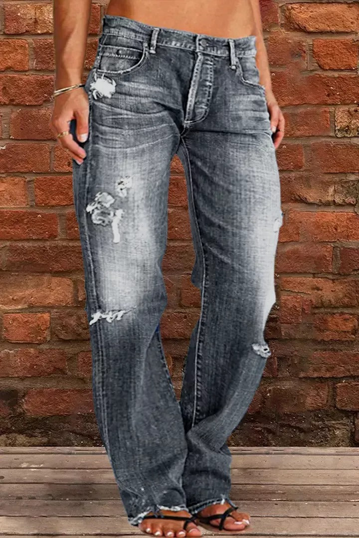 Ripped Low Waist Straight Leg Jeans