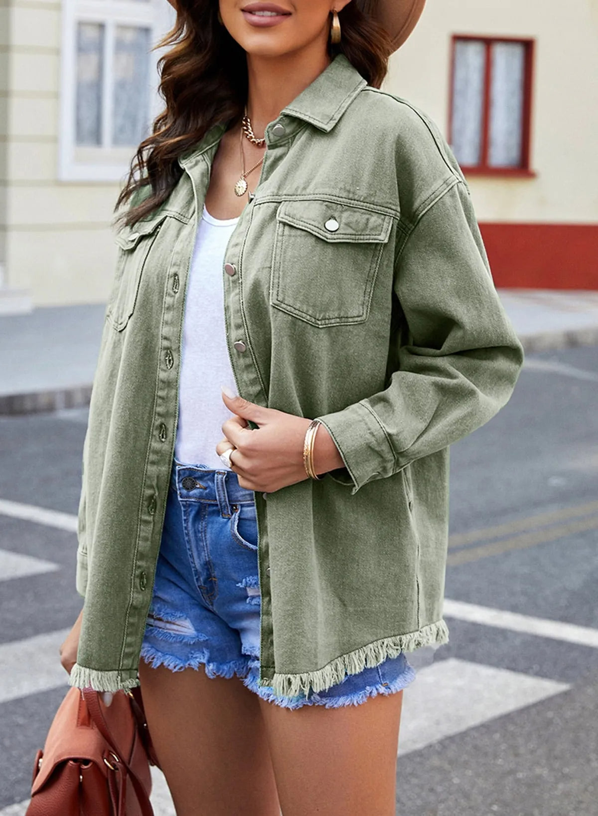 Women's Button Down Raw Edge Denim Jacket