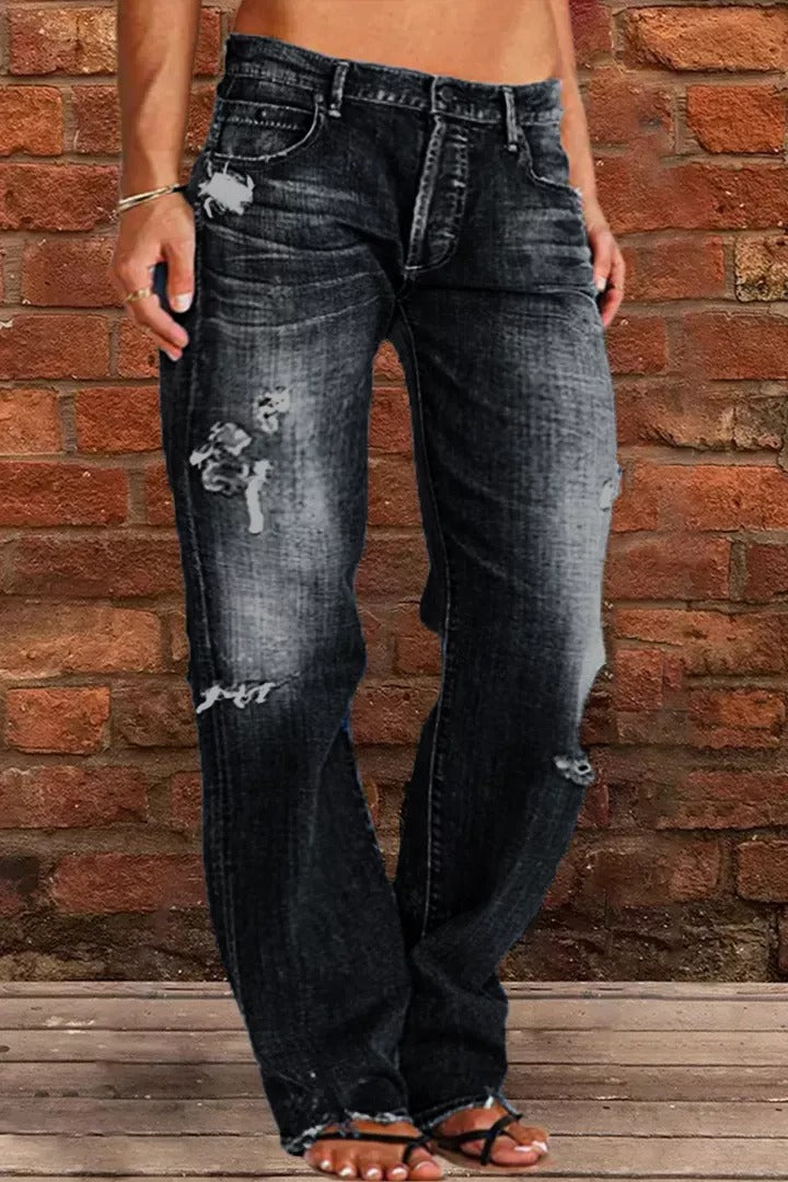 Ripped Low Waist Straight Leg Jeans