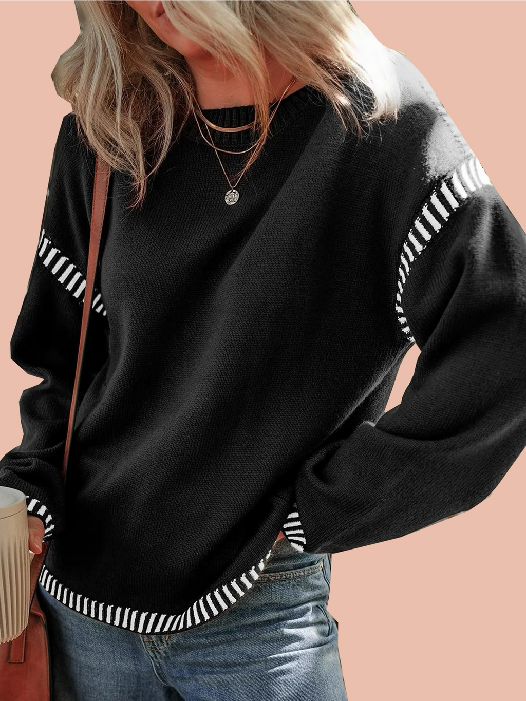 Women's Contrast Cable Knit Pullover Sweater