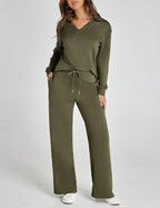 Women's Casual Polo Top and Wide Leg Pants Matching Sets