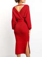 Women's Wrap V Neck Slit Sweater Dresses
