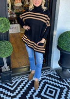 Women's High Neck Bat Sleeve Striped Sweater