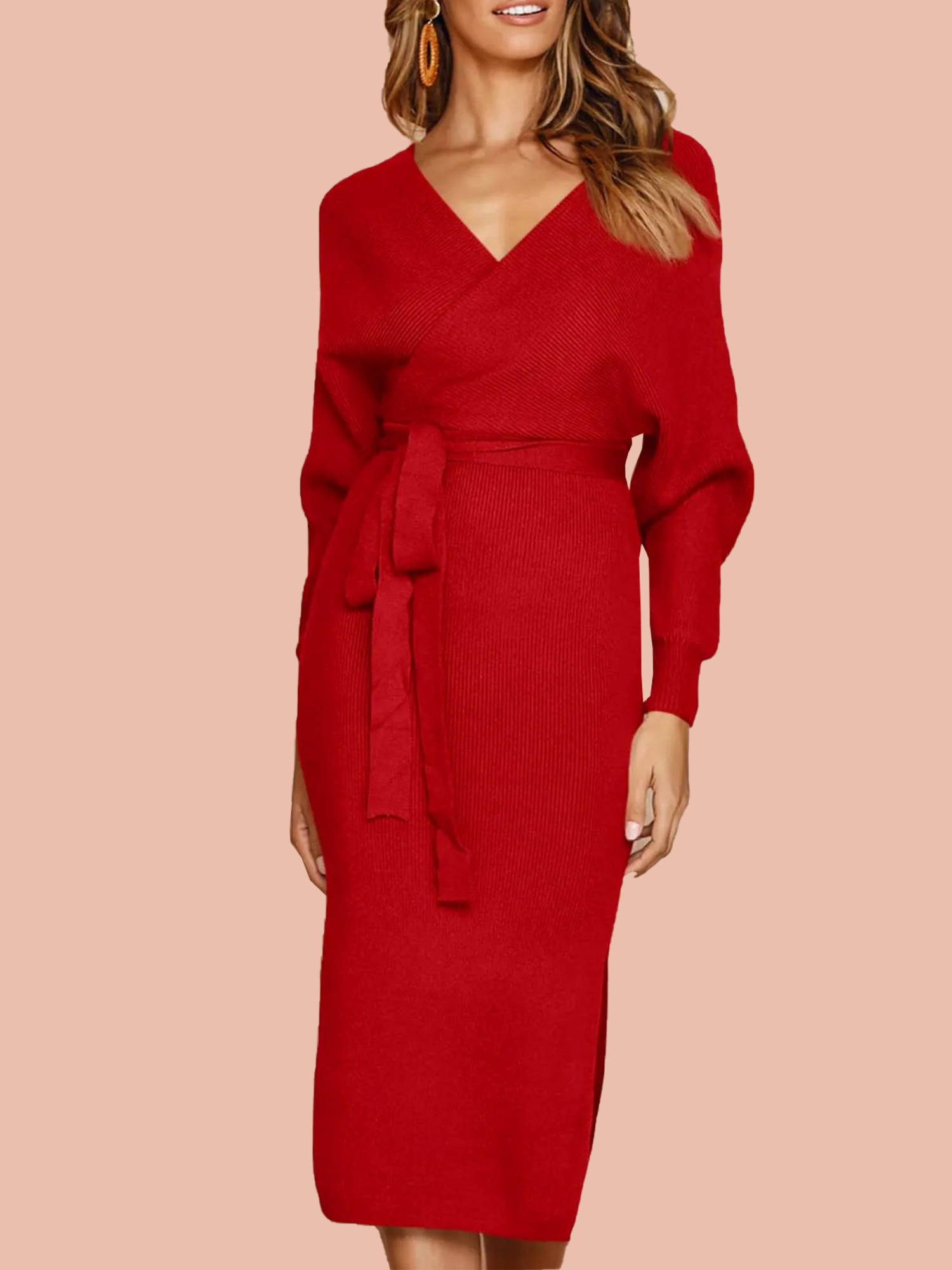 Women's Wrap V Neck Slit Sweater Dresses