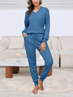 Women's V Neck Waffle Knit Two Piece Lounge Sets