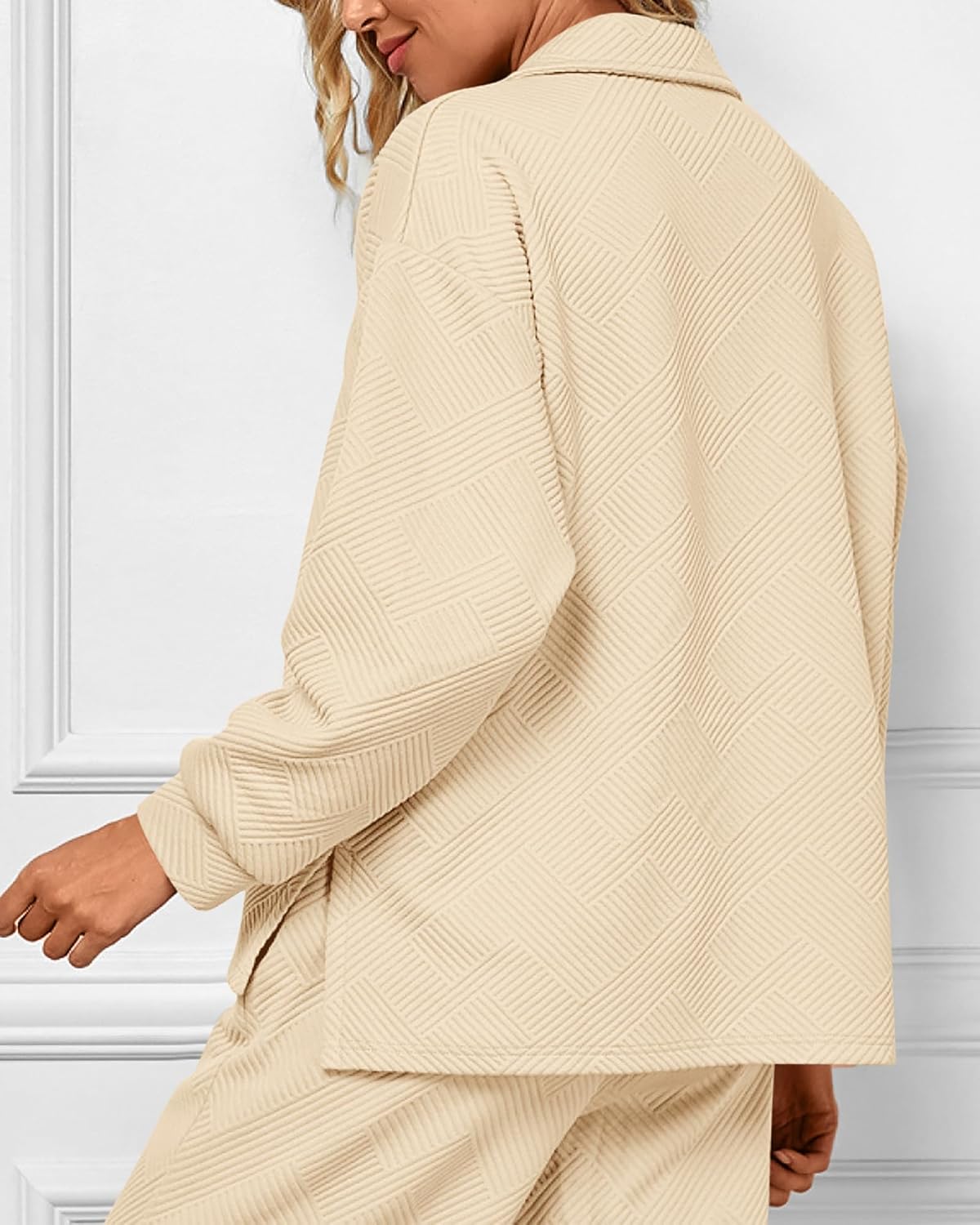 Women's Lapel V Neck Textured Lounge Sets