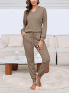Women's V Neck Waffle Knit Two Piece Lounge Sets