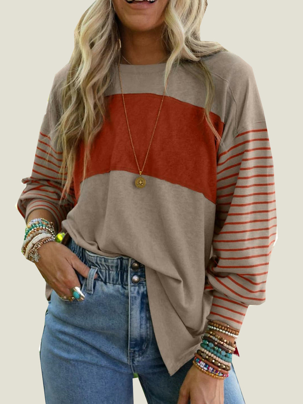 Women's Cute Color Block Long Sleeve Casual Top