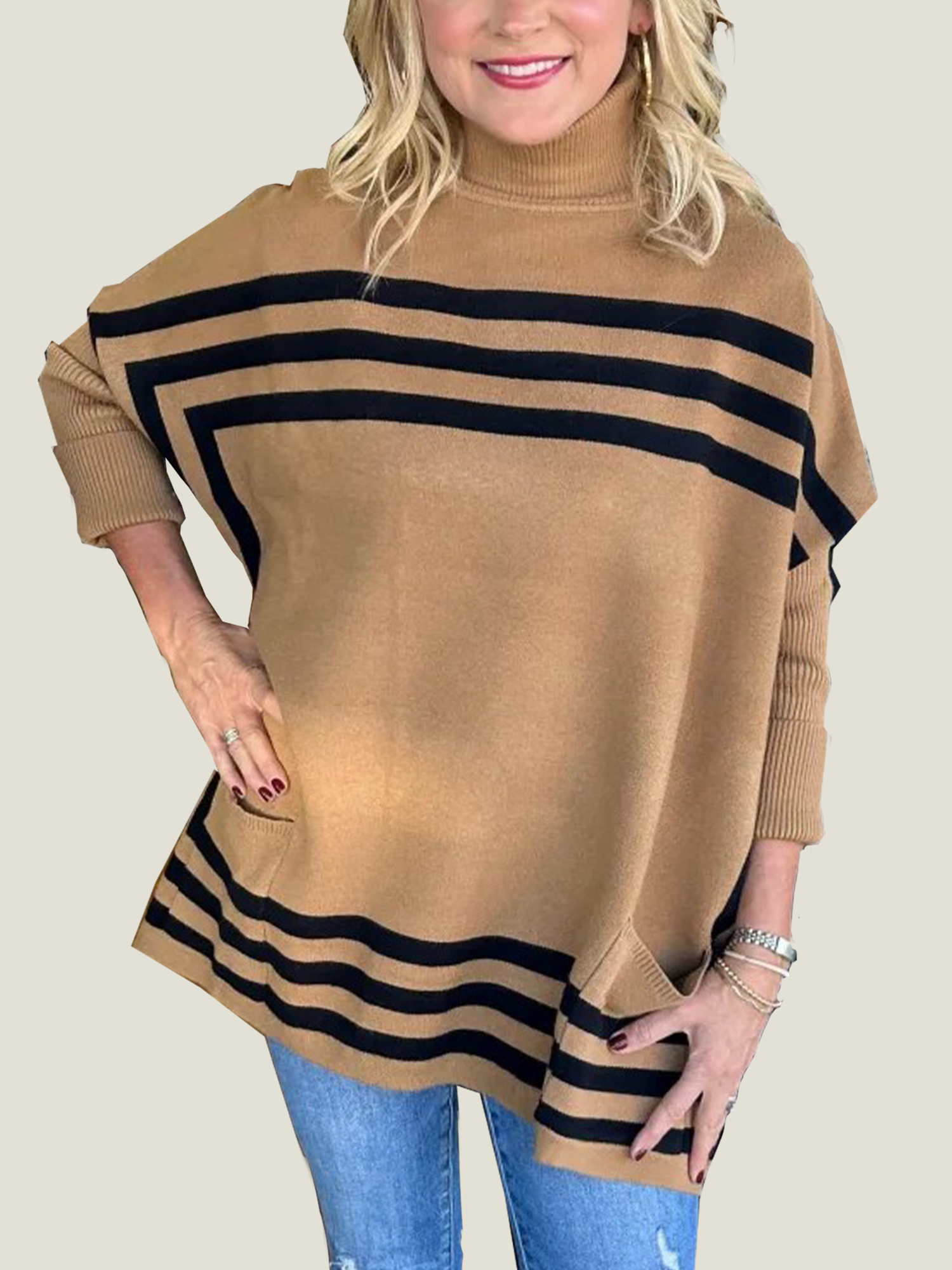 Women's High Neck Bat Sleeve Striped Sweater