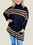 Women's High Neck Bat Sleeve Striped Sweater