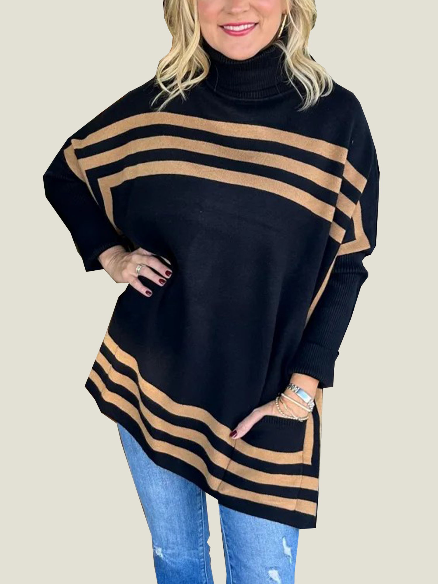 Women's High Neck Bat Sleeve Striped Sweater